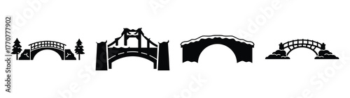 snow covered bridge silhouette vector icons collection isolated on white background.Christmas Vector Icon Set.