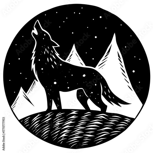 Stylized black wolf howling at the starry night sky with mountains isolated on white background