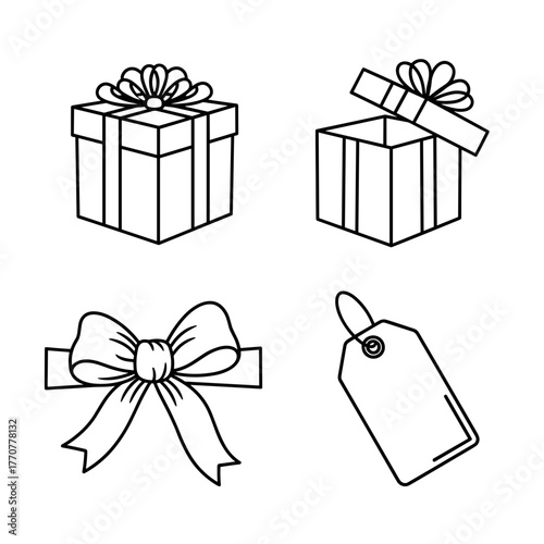 Gift boxes with bows and tags in black and white line art style, Concept of Winter Holidays, icons  