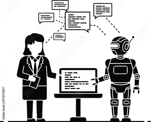 Woman and robot collaborating on laptop with code and chat bubbles artificial, bubbles, together, computer, speech, smart, work, illustration, office, vector, machine, code, black, science, laptop, in