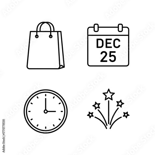Icons representing Winter Holidays with shopping bag, calendar, clock, fireworks  