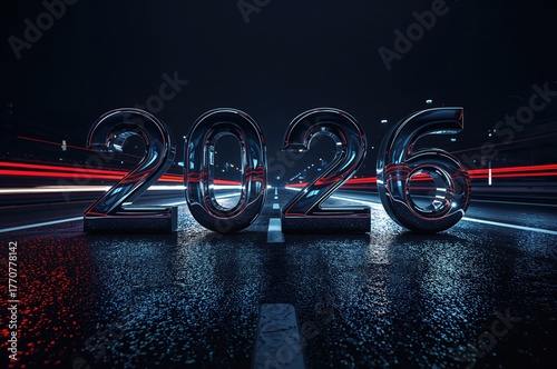 Futuristic 2026 reflections glowing across wet asphalt in dynamic nighttime cityscape