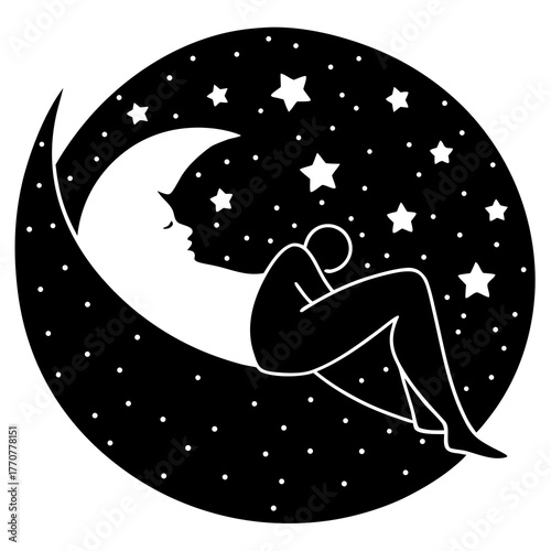 Stylized figure sleeping on a crescent moon surrounded by stars isolated on white background