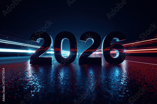 Futuristic 2026 reflections glowing across wet asphalt in dynamic nighttime cityscape