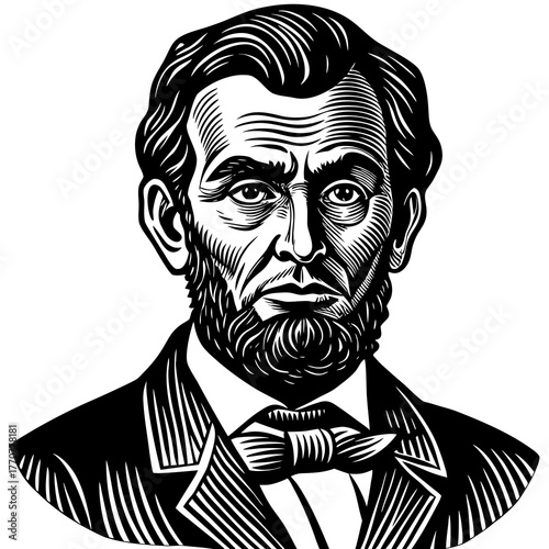 Black and white woodcut portrait of abraham lincoln isolated on white background