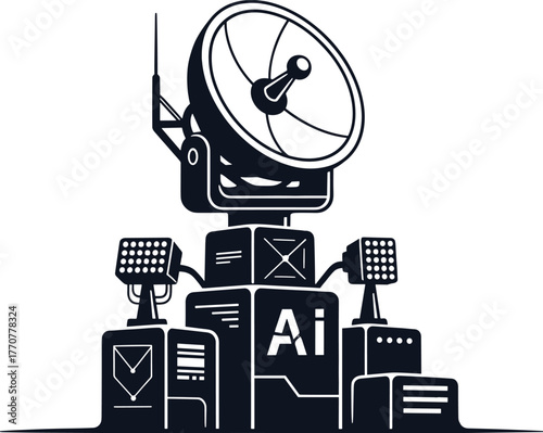 AI Satellite Dish and Technology Components Silhouette, ai, artificial intelligence, satellite dish, technology, communication, data, network, signal, antenna, futuristic, science, research, innovatio
