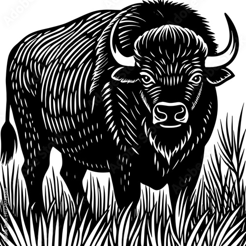 Black and white illustration of a majestic bison standing in tall grass isolated on white background