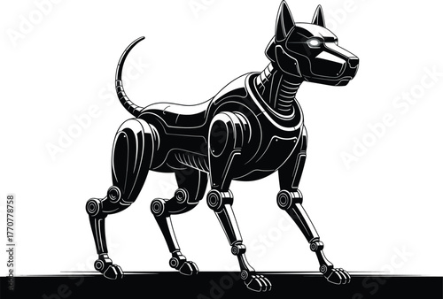 Black robotic dog with glowing eyes on white background, robot dog, mechanical dog, cyborg dog, futuristic pet, artificial intelligence, ai, technology, science fiction, black and white, silhouette, o