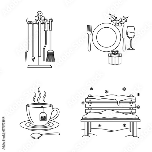 Cozy winter scene with fireplace tools, hot tea, dining set, and snowy bench - Concept of Winter Holidays, icons  