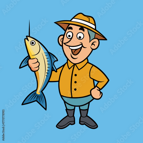 Happy cartoon fisherman proudly holding a freshly caught fish isolated on white background