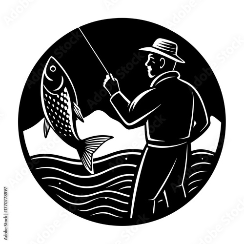 Fisherman proudly displays a large catch of fish on a serene lake isolated on white background