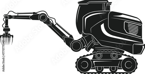 Black silhouette of a tracked excavator with a grapple arm excavator, construction, illustration, construction, tracked, heavy, vector, robotic, hydraulic, machine, tracks, handler, autonomous, excava