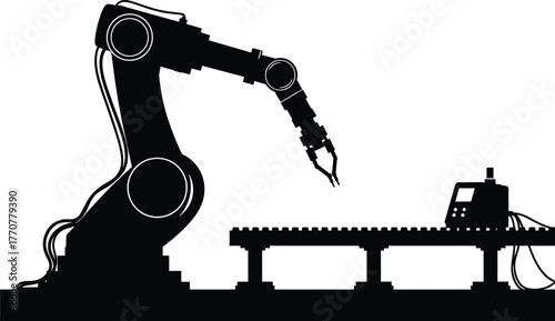Black silhouette of a robotic arm over a conveyor belt, robot, robotic arm, industrial robot, automation, factory, manufacturing, conveyor belt, machinery, technology, engineering, industry, productio
