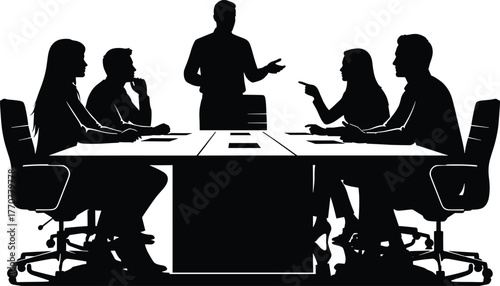 Business meeting discussion with silhouettes of people meeting, business, discussion, around, conference, illustration, business, discussion, corporate, room, strategy, office, vector, gathering, cult