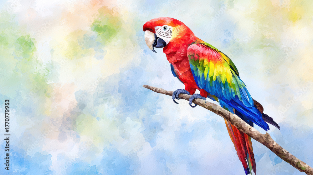 Obraz premium Vibrant watercolor painting of parrot perched on branch, showcasing bright red, green, and blue feathers against soft, colorful background