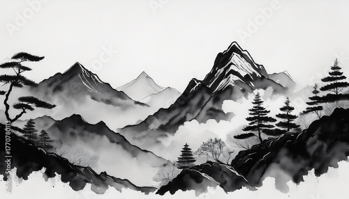 painting of mountains featuring trees and clouds rendered in black and white ink wash
