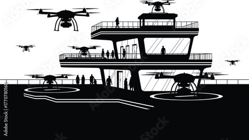 Drone control tower with people and landing drones, drone, unmanned aerial vehicle, uav, drone landing pad, helipad, control tower, airport, aviation, technology, future, automation, delivery, surveil