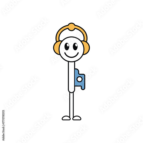 Simple Key Mascot Listening with Headphones Cute Vector Art
