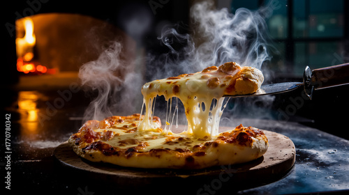 A pizza with melted cheese being pulled off with a spatula