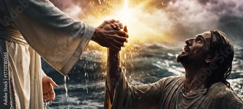 Image depicting a divine hand reaching down to assist a person in distress amidst a storm.