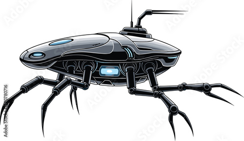 Futuristic robotic spider drone with glowing blue lights robot, drone, spider, surveillance, exploration, illustration, reconnaissance, creature, vector, alien, autonomous, spider, insectoid, robotic,