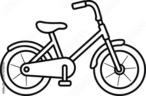 Black and white bicycle line drawing, simple bike sketch, educational outline, cycling clipart, minimal transport illustration, vector design, kids activity