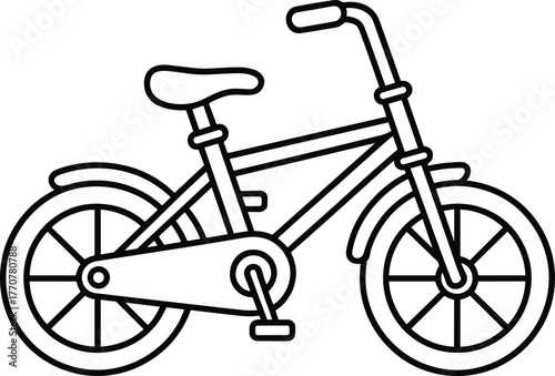 Black and white bicycle line drawing, simple bike illustration, educational clipart, cycling concept, vector outline, transportation sketch, minimal design