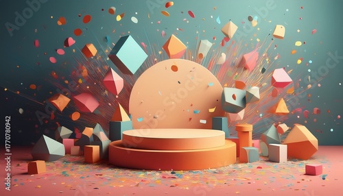 pastel geometric shapes explode around a light orange pedestal celebration podium with confetti in various colors and geometric shapes promoting a joyous event