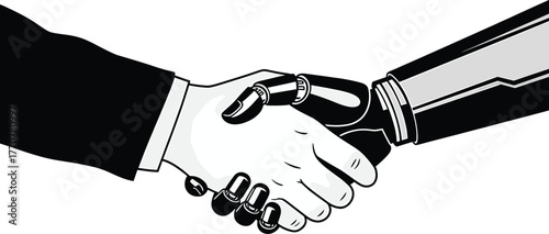 Human and robot handshake on white background handshake, human, robot, artificial, drawing, illustration, simple, hand, vector, machine, shakes, trust, black, cyborg, teamwork, man, human, contract, b