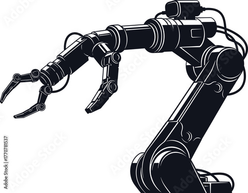 Industrial Robotic Arm With Claw In Black And White, robotic arm, robot, industrial robot, automation, manufacturing, technology, machinery, engineering, mechanical, arm, claw, gripper, industry, fact