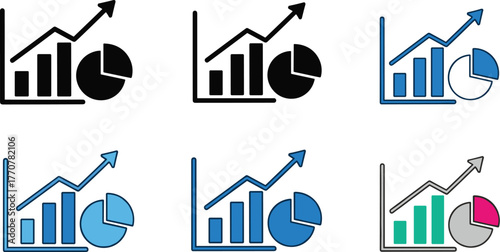 Collection of six icons representing business growth and financial analysis, featuring bar charts, line graphs, and pie charts in various color schemes and styles