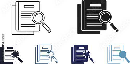 Set of six icons depicting document analysis and research, with a magnifying glass examining papers in different styles and color palettes