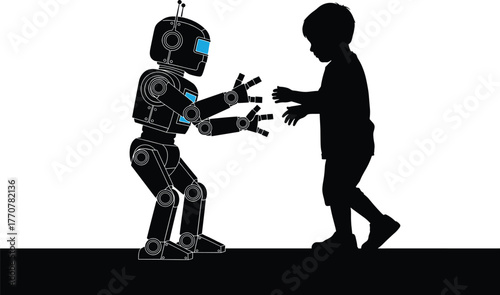 Robot and Child Silhouette Reaching Out interaction, robot, child, silhouette, reaching out, interaction, friendship, technology, future, artificial intelligence, human, connection, partnership, white