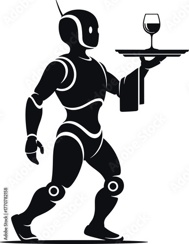 Robot butler with wine glass on tray on white background, robot, android, automaton, mechanical, artificial intelligence, ai, technology, futuristic, science fiction, sci-fi, cyborg, machine, humanoid