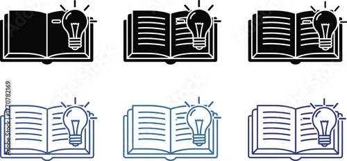 Collection of open book icons with a lightbulb above, representing ideas, knowledge, and learning, in various styles and colors on a