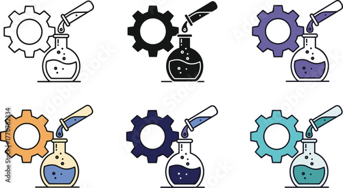 Set of icons depicting a laboratory flask and a gear, representing science, engineering, research, and development, with different color variations