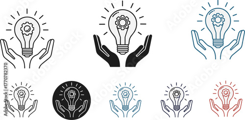 Assortment of icons featuring hands cradling a light bulb with a gear inside, symbolizing protection of ideas, innovation, and intellectual property
