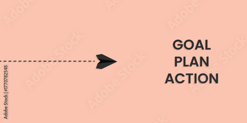 Minimalist goal plan action concept with black paper airplane representing focus, strategy, execution, leadership, success, motivation, and business achievement