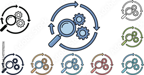 Magnifying glass and gears icon representing process, workflow, and analysis