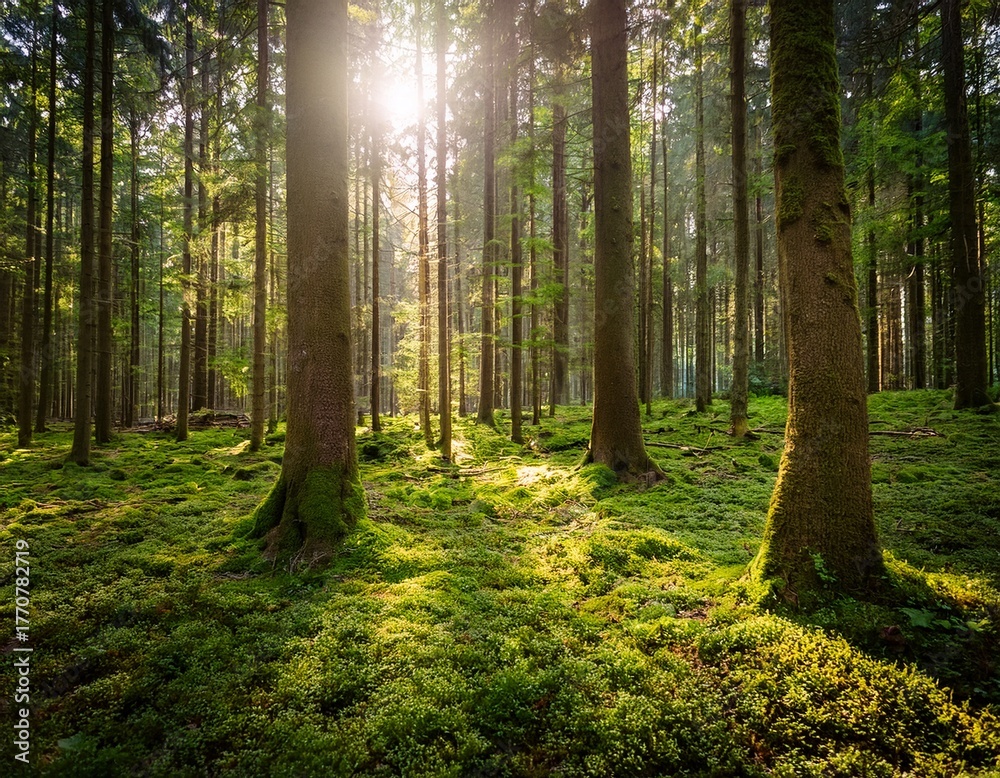 Fototapeta premium the serene forest filled with verdant moss and towering trees in sunlight