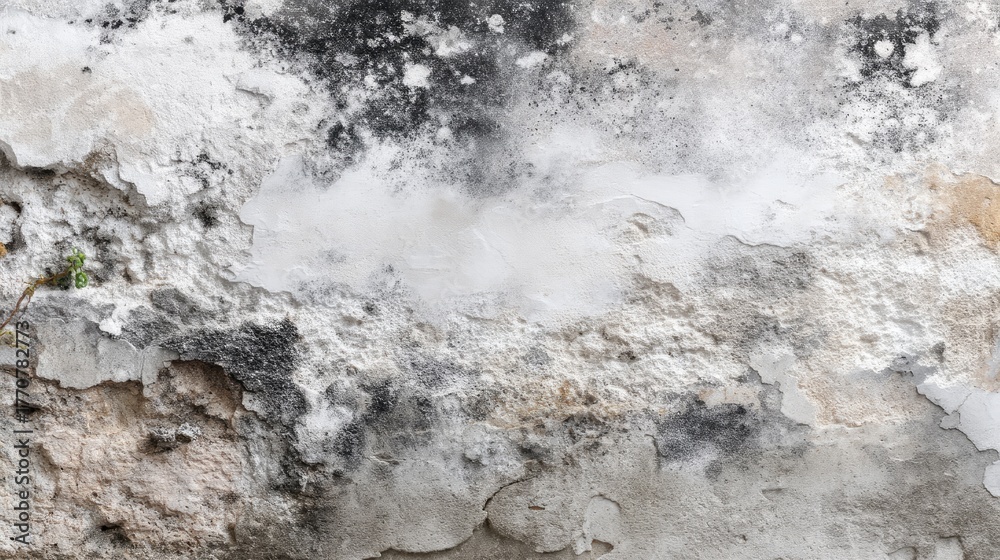 Obraz premium Old wall showing cracks and peeling paint with moss, highlighting neglect and weathering in an urban setting