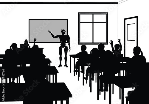Robot teacher in a classroom with raised hands artificial intelligence, robot, artificial intelligence, ai, teacher, classroom, students, learning, presentation, whiteboard, raised hands, asking quest