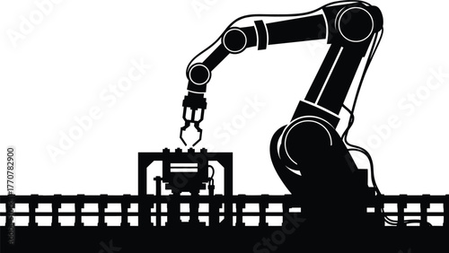 Robotic arm silhouette over assembly station on conveyor, robot, arm, robotic, industrial, automation, manufacturing, factory, technology, machinery, engineering, conveyor, belt, production, line, ass