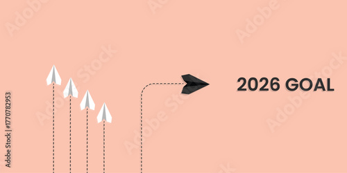 Minimalist business goal achievement concept with paper airplanes changing direction towards success, leadership, innovation, and future 2026 vision