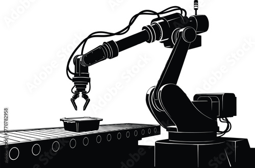 Robotic arm silhouette picking up container on conveyor, robot, arm, robotic, industrial, automation, manufacturing, factory, technology, machinery, engineering, conveyor, belt, production, line, asse