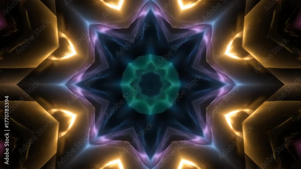 Abstract kaleidoscopic pattern with glowing lights and geometric shapes