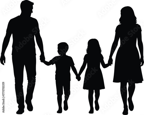 Family silhouette vector of two adults and two children walking