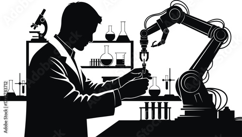 Scientist and robotic arm in laboratory science automation, science, laboratory, scientist, robotic arm, automation, research, experiment, technology, innovation, future, chemistry, biology, medicine,