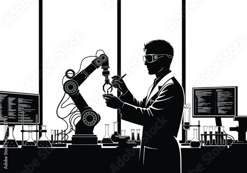 Scientist and robotic arm with computers in lab science, science, laboratory, scientist, robotic arm, automation, research, experiment, technology, innovation, future, chemistry, biology, medicine, en