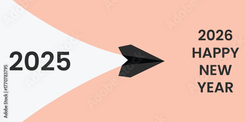 2025 to 2026 New Year transition vector with paper airplane flying forward, symbolizing progress, celebration, new beginnings, goals, and motivation for success.